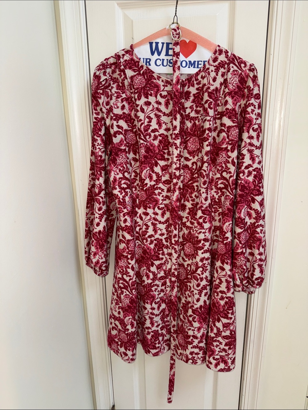Ann Taylor Red Floral Tie-Waist Long Sleeve Dress